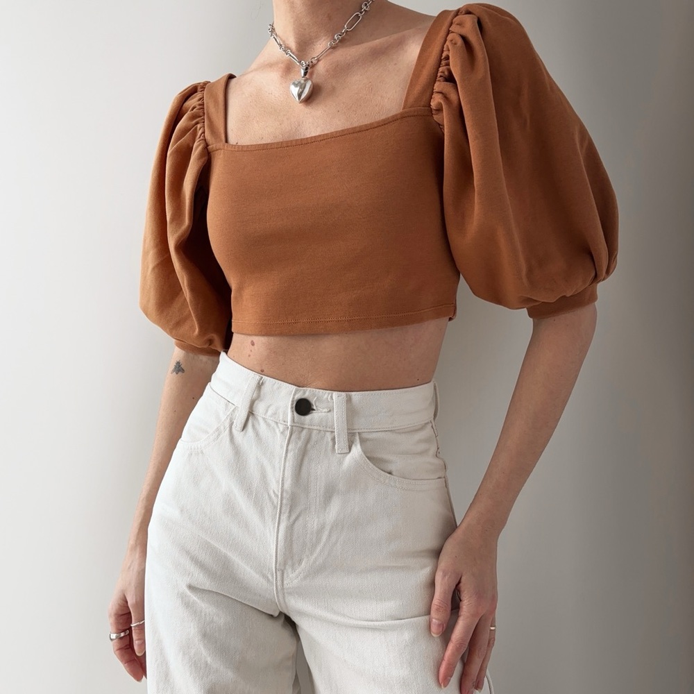 Oak + Fort puff sleeve crop top orange tan Oak refined
